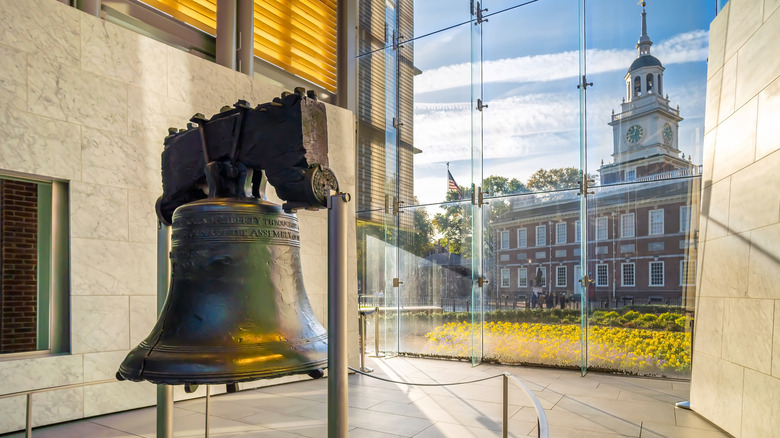 The Liberty Bell is displayed in front of Independence Hall in Philadelphia