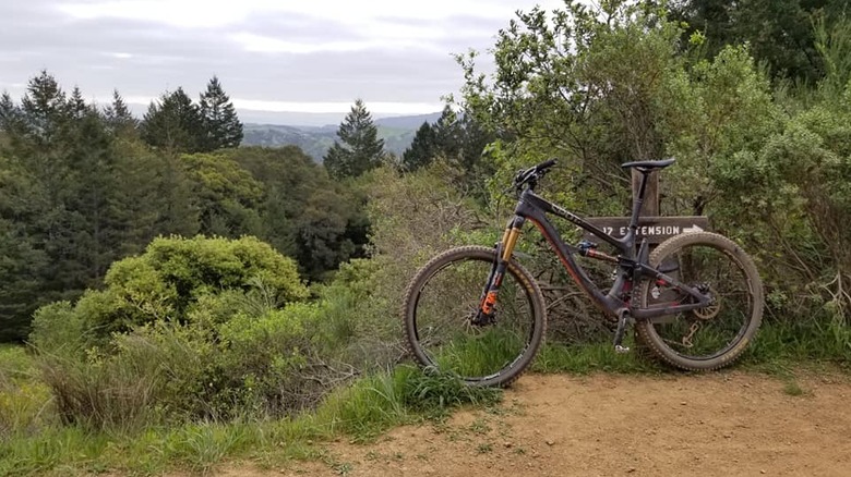 A bike leans against a rustic sign in the woodlands of Camp Tamarancho, California