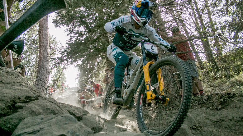 A mountain biker plummets down a hill during a race on Skyline Trail, California