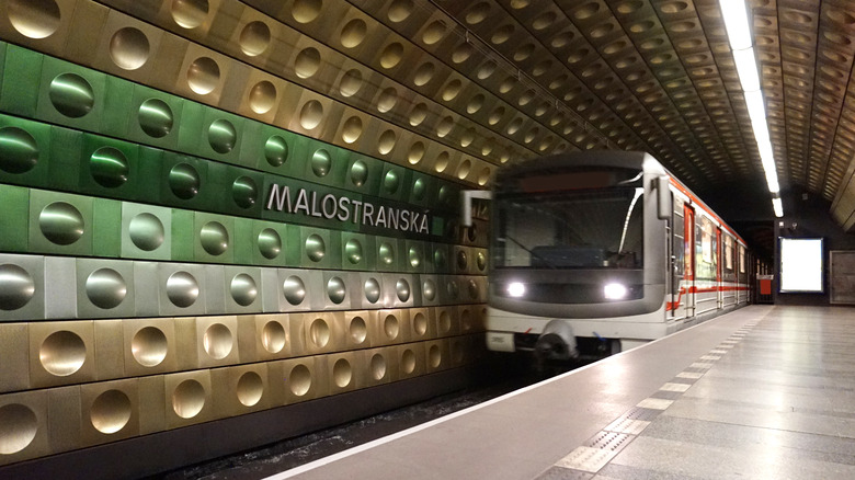 Subway car arriving at station in Prague