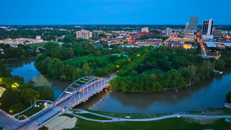 Aerial view of Martin Luther King Bridge leading to Headwaters Park and downtown Fort Wayne