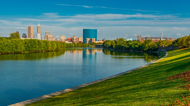 White River and the skyline of Indianapolis on a spring day