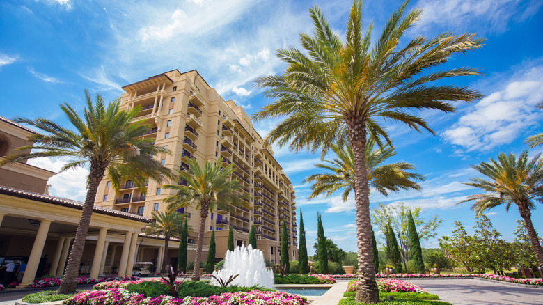Blue sky over towering palm trees and the facade of Four Seasons Orlando Resort at Disney World Resort