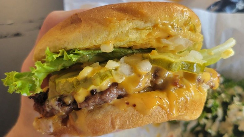Closeup of a hand holding a Mac burger from Romeo's Vegan Burgers in Asheville, North Carolina