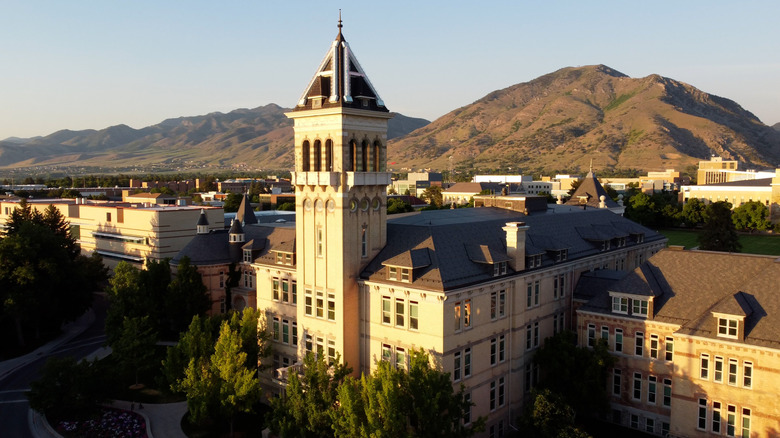 Utah State University campus at sunset in Logan