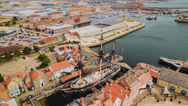 An aerial view of HMS Trincomalee docked in Hartlepool Marina