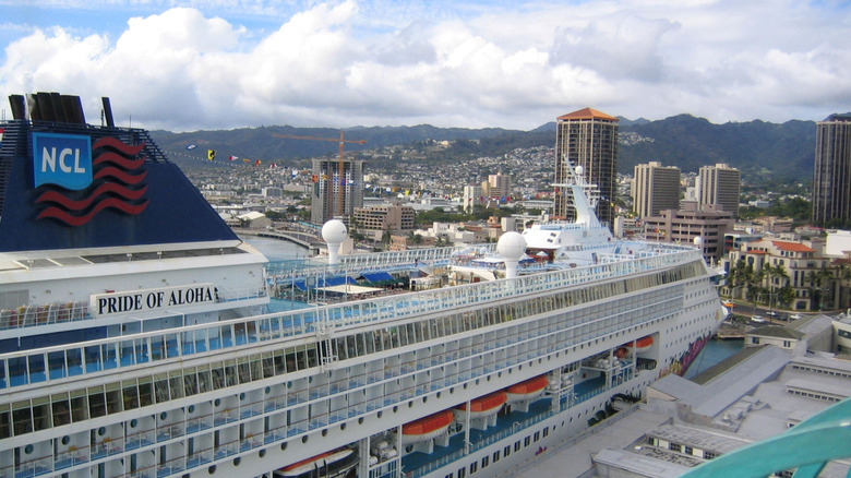 A Pride of Aloha ship docked in the Port of Honolulu, Hawaii