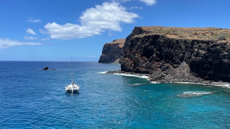 View of the cliffs off of Kaunolu Village Site in Lanai, Hawaii