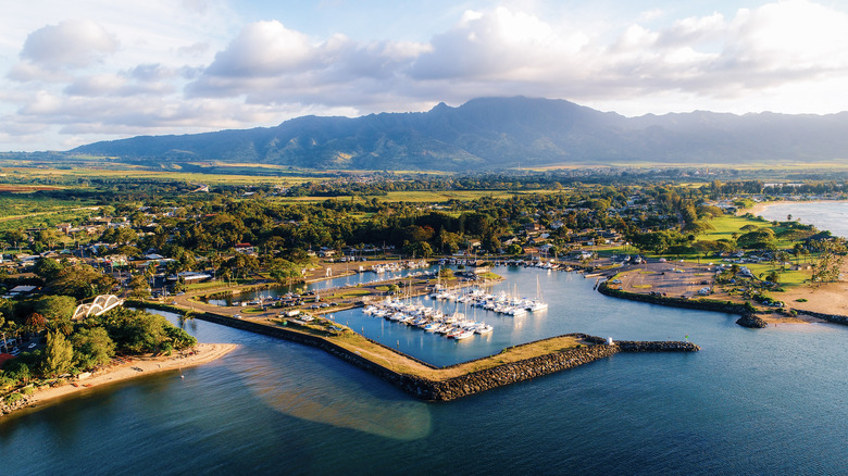 Aerial shot of Haleiwa with the harbor and Rainbow Bridge