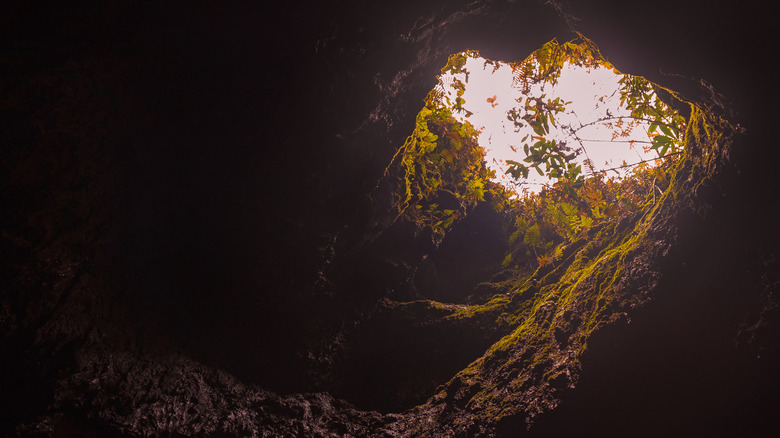 Light shining through lava tube in Maui, Hawaii