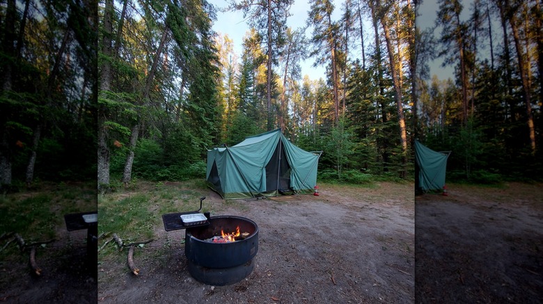 A tent and fire pit at a campsite at Hayes Lake State Park, Minnesota