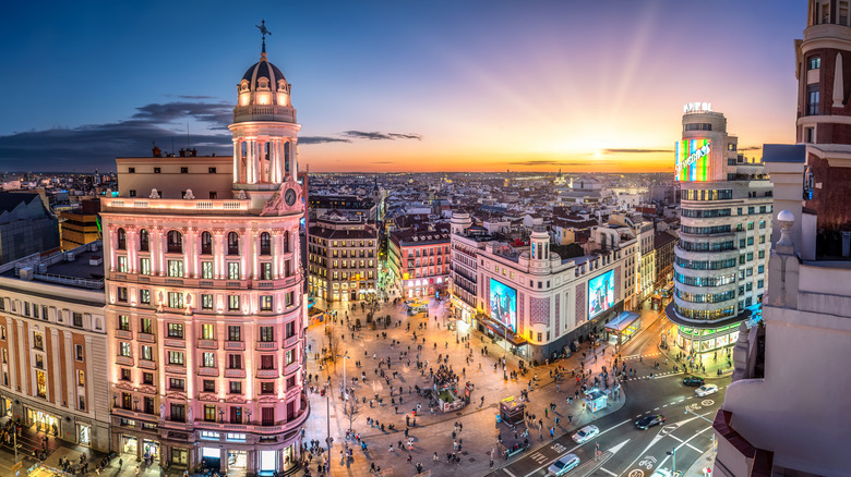 An aerial view of Madrid's Gran Vía at sunset