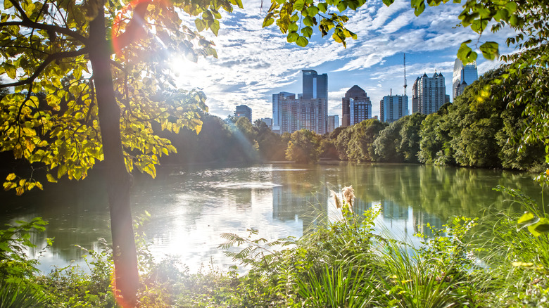 The view of the Atlanta skyline from Lake Clara in Piedmont Park