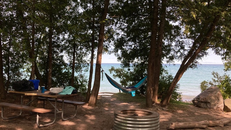 A campsite with a hammock at Fisherman's Island State Park