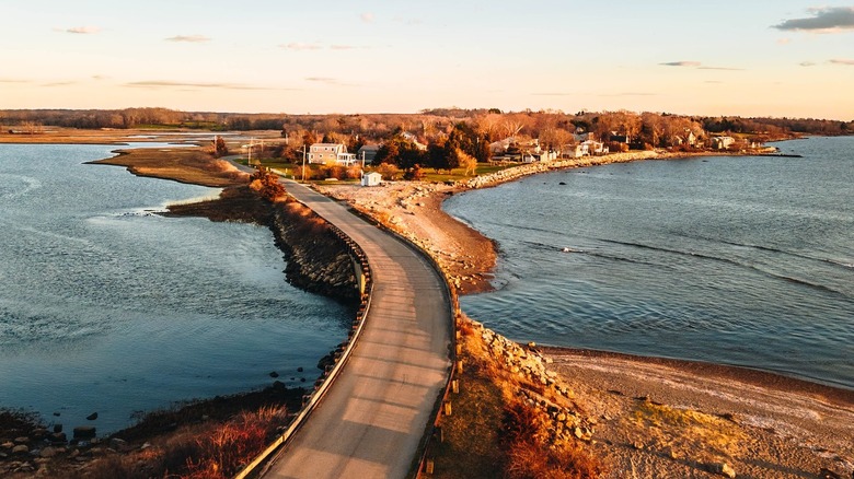 Rural country road and beaches in Tiverton, Rhode Island