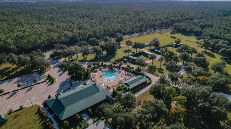 Black Prong Resort and swimming pool surrounded by green trees