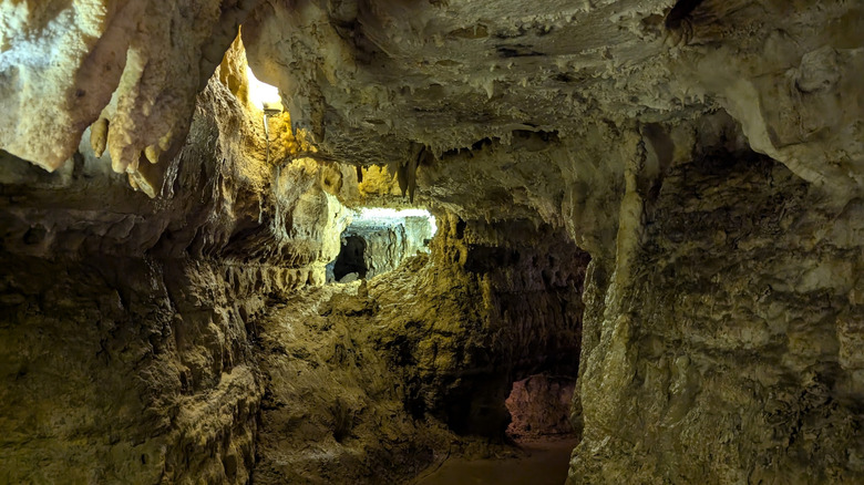 Crystal formations and rocks at Crystal Lake Cave in Iowa