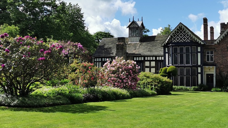 A flowerbed borders a lawn behind a Tudor mansion with black beams