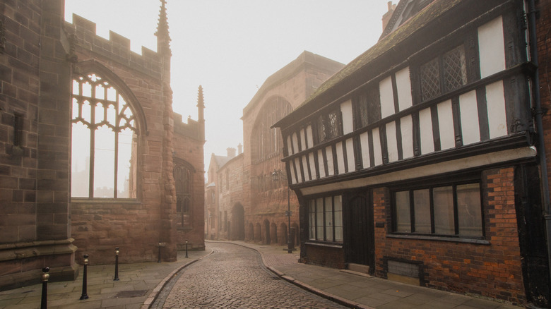 Foggy exterior of Coventry Cathedral