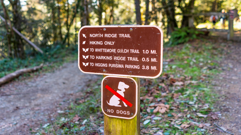 Hiking trail sign at Purisima Creek Redwoods Preserve