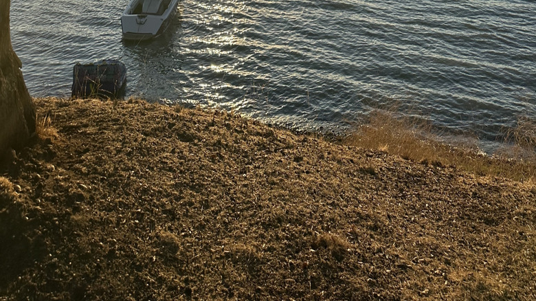 Boat on Lake Camanche at sunset