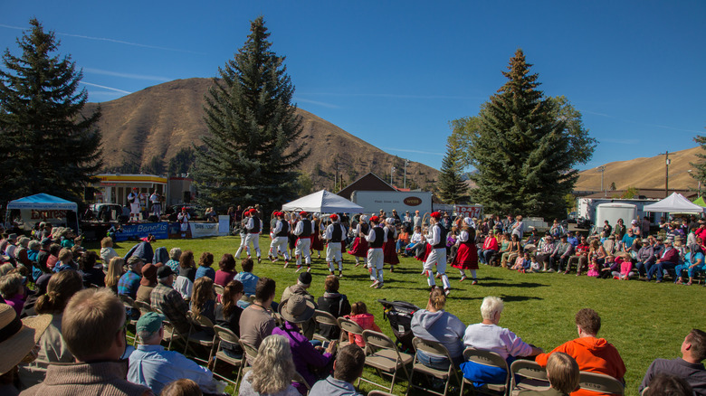 Basque dancers performing before a crowd during the Sheep Festival in Hailey, Idaho.