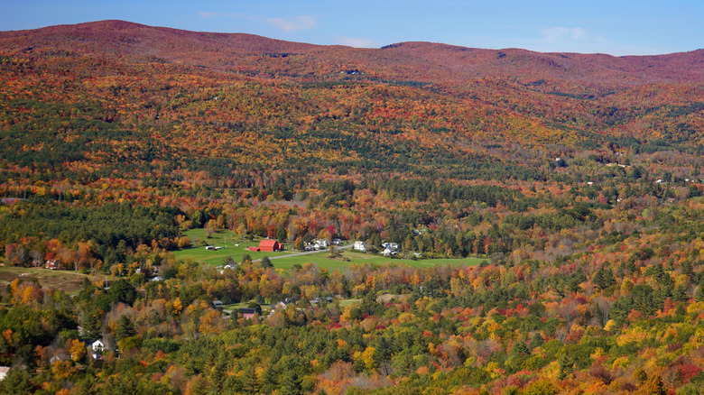 Town in Berkshire Mountains surrounded by autumn foliage
