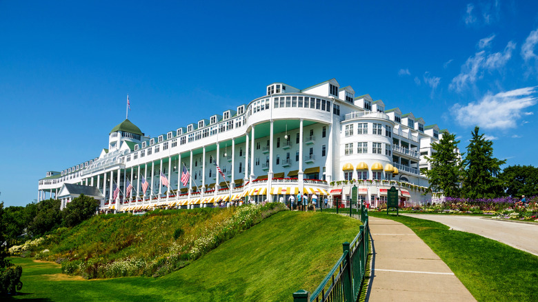 View of the Grand Hotel Mackinac Island white facade and porch