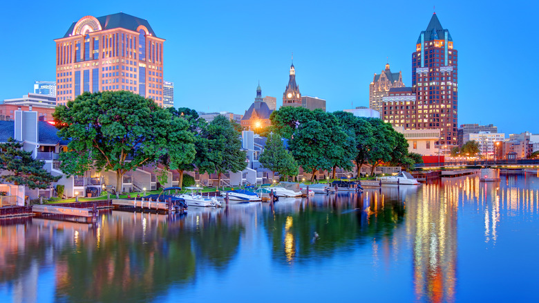 A shot of the Milwaukee waterfront in the early evening
