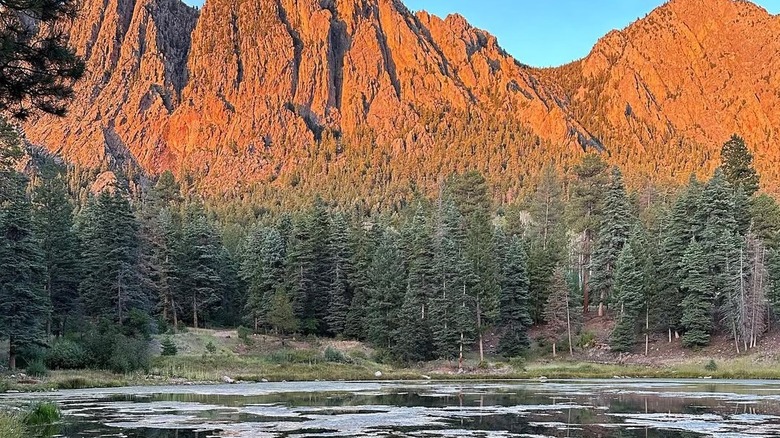 The Brazos Cliff near Corkins Lodge shines in the sun in Chama, New Mexico