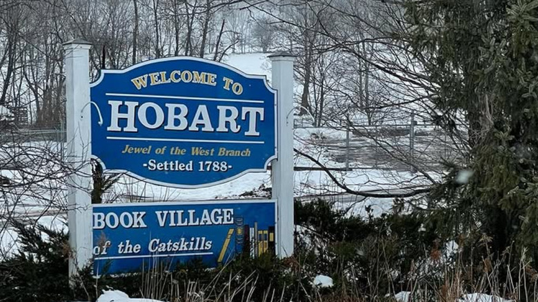 Hobart, New York's welcome sign in winter
