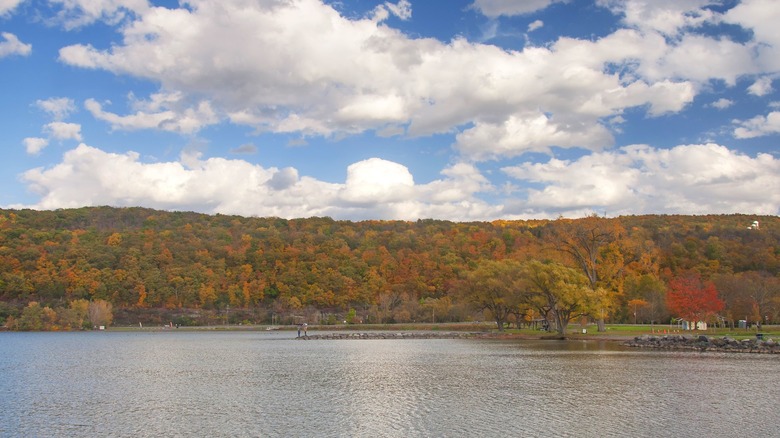 Seneca Lake in autumn under cloudy sky