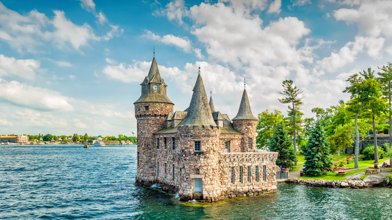 Boldt Castle in Alexandria and water with cloudy sky
