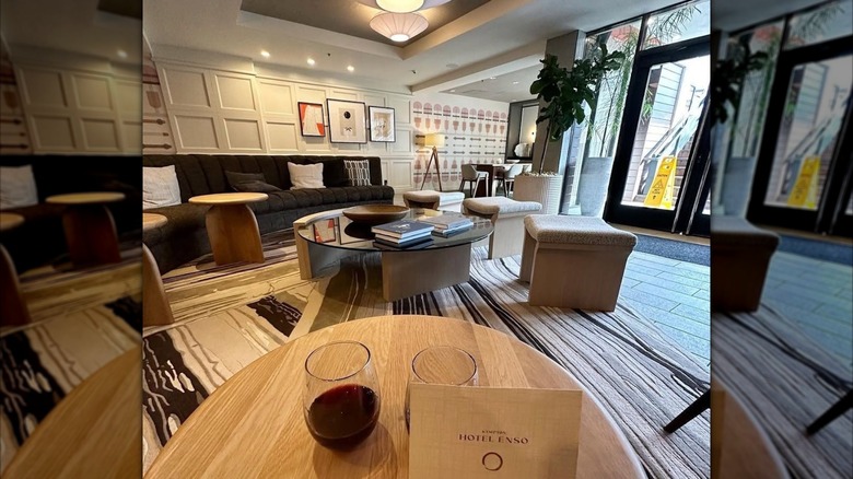Glass of wine welcomes to Kimpton Hotel Enso living room