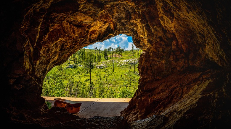 A rocky cave and green landscapes