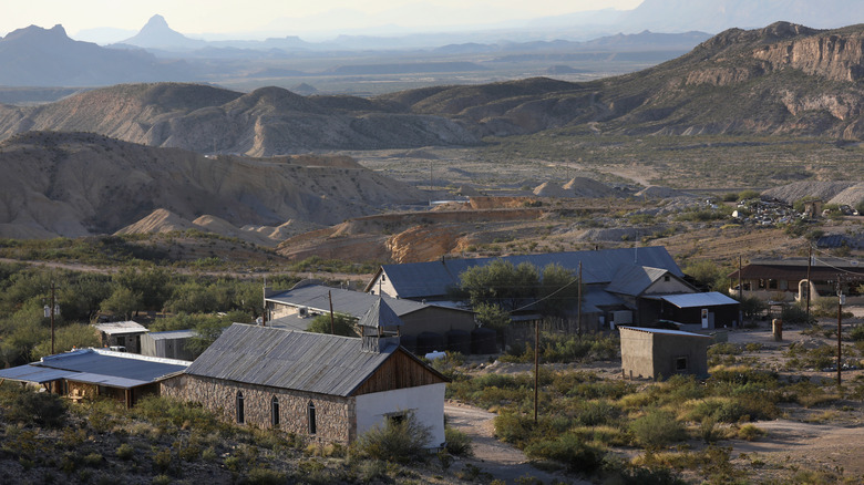 An aerial view of buildings and desert, Terlingua, Texas