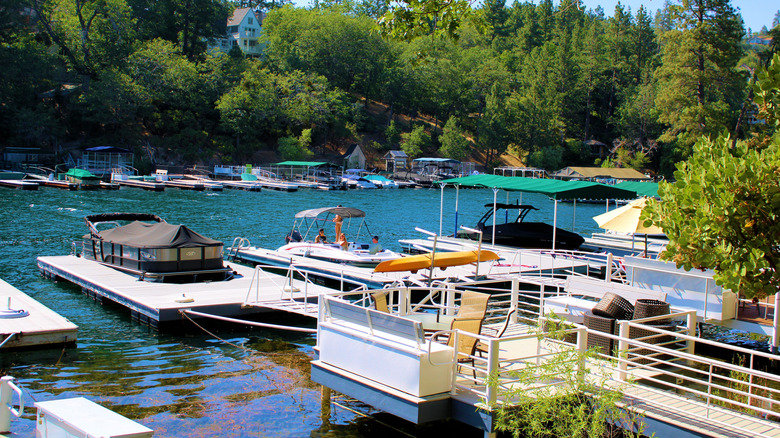 Docked boats on the shoreline of Lake Arrowhead