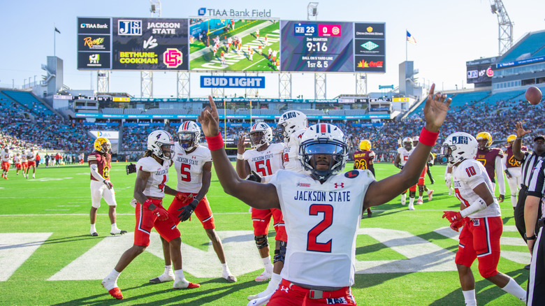 Jacksonville football player celebrates during game.