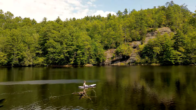 A lone paddler marvels at the natural beauty of Tanasee Creek Lake.