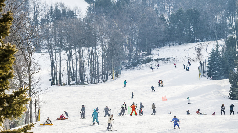 Snowboarders and skiers hit the slopes at Camelback Resort's mountain