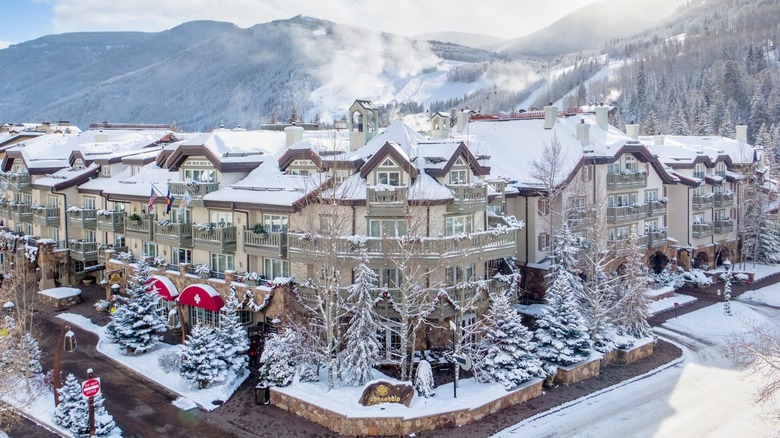 Aerial view of the Sonnenalp Hotel in Vail in winter