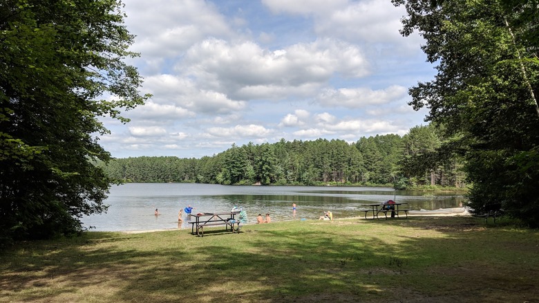 Cloudy day at Brighton State Park, Vermont, with people swimming and lounging on the grass and lush trees lining the shore