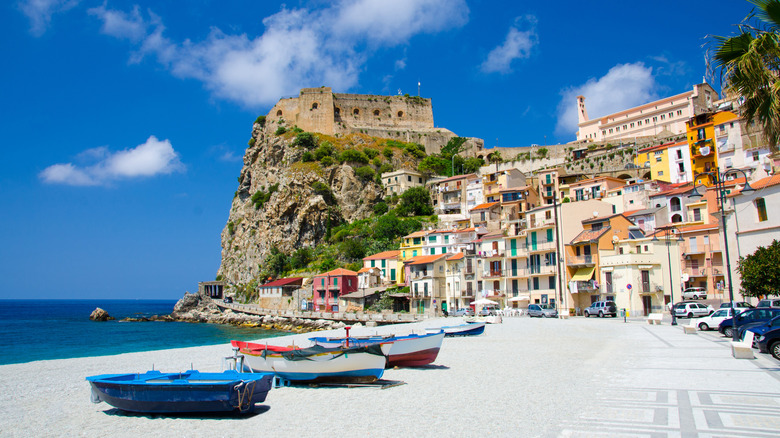 Scilla beach in Italy with castle in the background