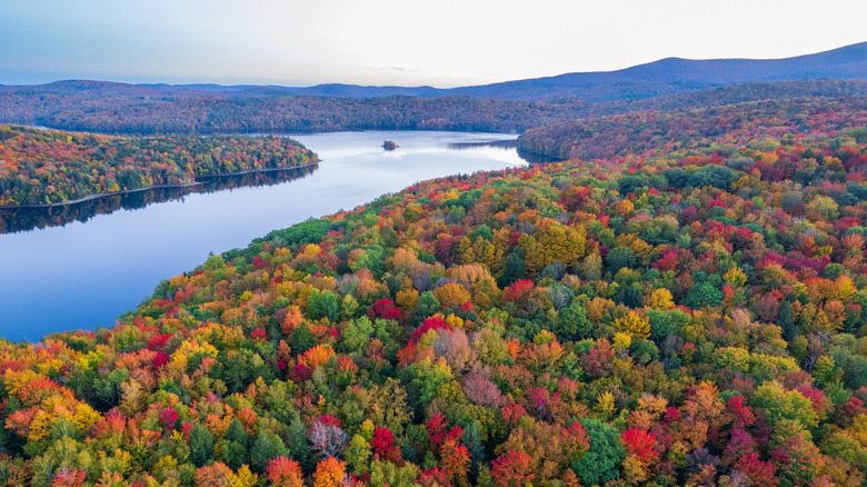 Aerial view of Lake Whitingham in Vermont during the Fall.