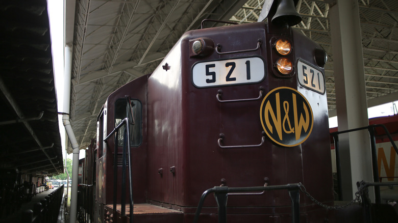 Dark red locomotive on display at the Virginia Museum of Transportation in Roanoke
