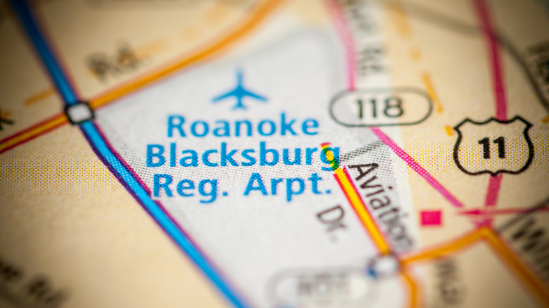 Map image with a pinpoint of Roanoke Blacksburg regional airport