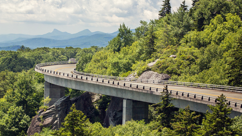 Image of the Blue Ridge Parkway winding through green mountains