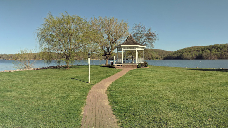 path leads to gazebo with Claytor Lake in background