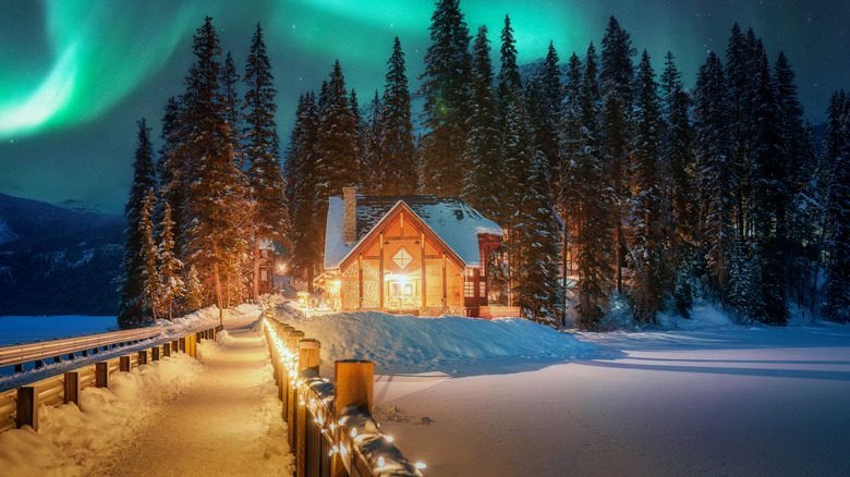 northern lights over trees and white now with lit up cabin