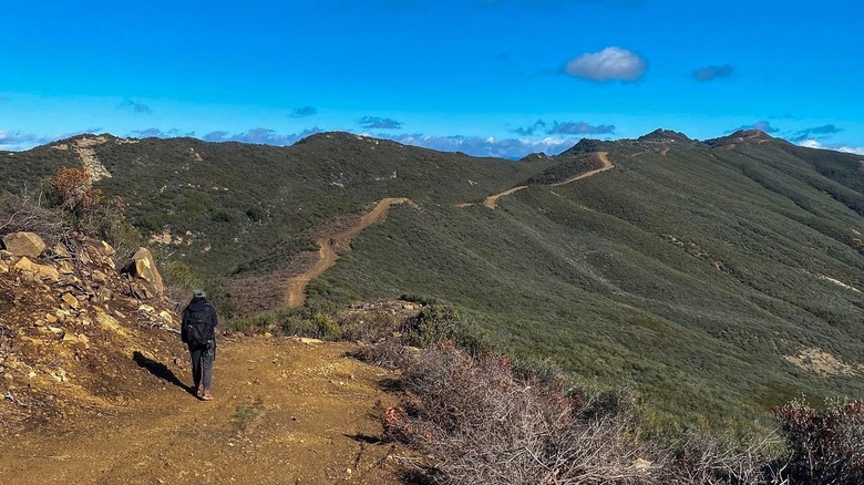 A hiker on the trail that ascends Gaviota Peak